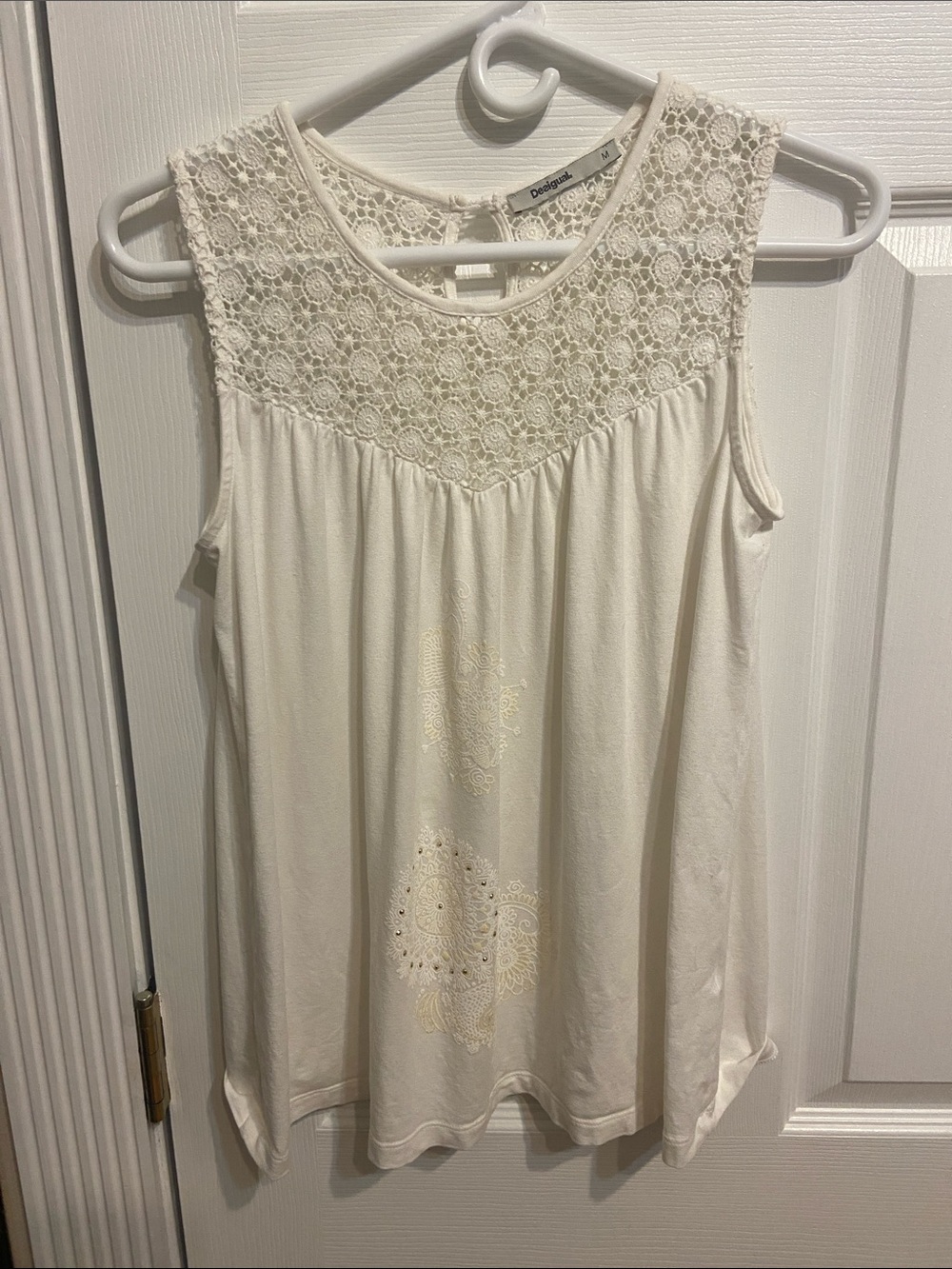 Desigual Cream Lace Yoke Sleeveless Tank Top